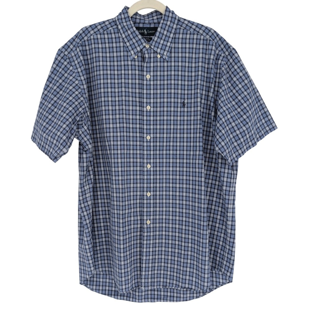 VTG Ralph Lauren Button Down Shirt Mens‎ L Blue Plaid Blake Short Sleeve Cotton